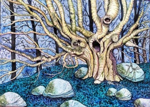 Watercolor of a gnarly old tree with an eye-shape at pruning point